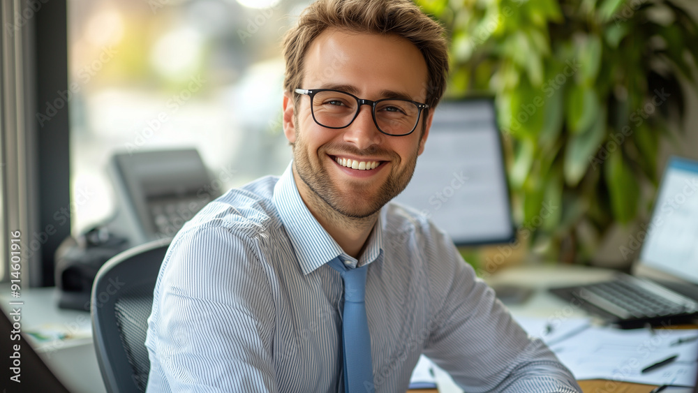Obraz premium Caucasian Man Accountant - businessman, office, smile, glasses, desk, happy, work, professional, computer, window, plant, shirt, tie, documents, productivity, indoor