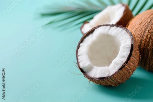 Whole and Halved Coconuts on Blue Background