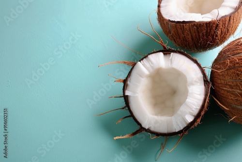 Whole and Halved Coconuts on Blue Background
