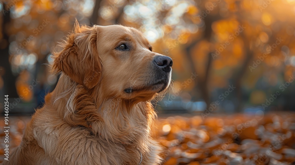 Golden Retriever Running Through Leaves in Park Golden Retriever Running Through Leaves in Park