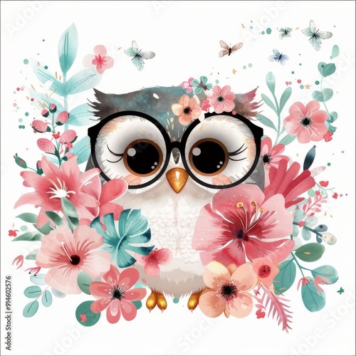 Playful Owl Surrounded by Pink Blossoms and Greenery