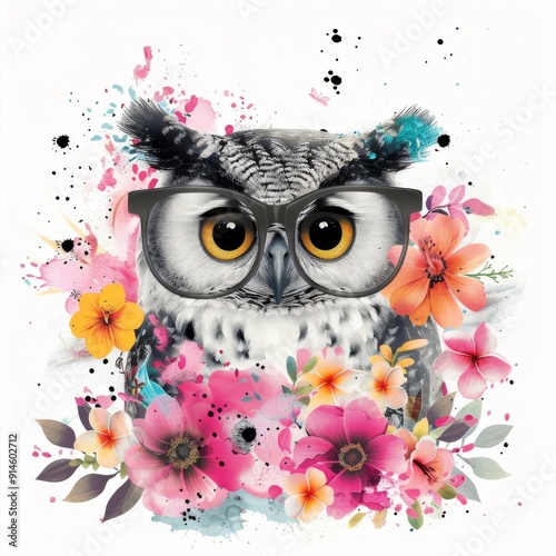 Playful Owl Surrounded by Pink Blossoms and Greenery