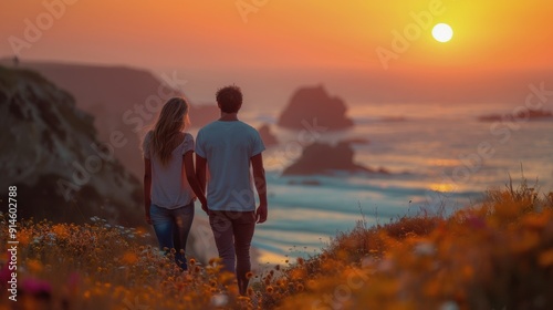 Couple Walking Hand-in-Hand on Sandy Beach at Sunset
