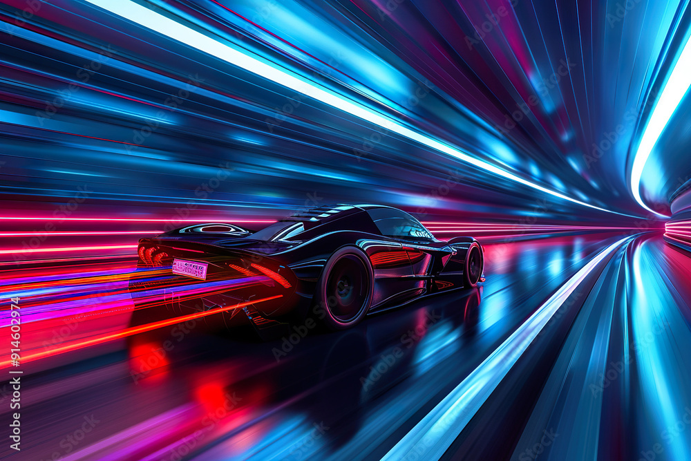 A car is driving down a highway with a bright blue background, generative ai. A car is driving down a highway with a bright blue background, generative ai.