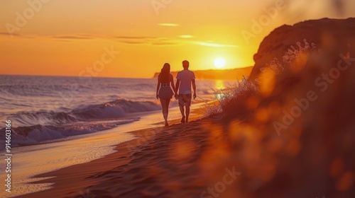 Couple Walking Hand-in-Hand on Sandy Beach at Sunset