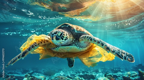 Sea Woe: Sea Turtle Entangled in Ocean Plastic, Image Highlights Devastating Impact of Plastic Pollution on Marine Life, Calls for Urgent Environmental Action.