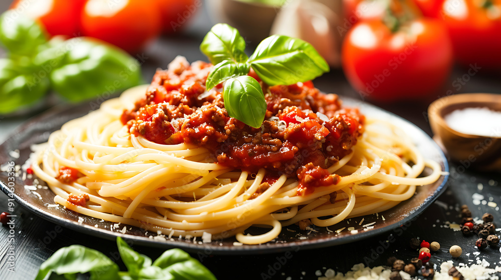 a plate of spaghetti topped with a rich tomato-based meat sauce, garnished with fresh basil leaves. Surrounding the plate are ingredients like tomatoes a plate of spaghetti topped with a rich tomato-based meat sauce, garnished with fresh basil leaves. Surrounding the plate are ingredients like tomatoes
