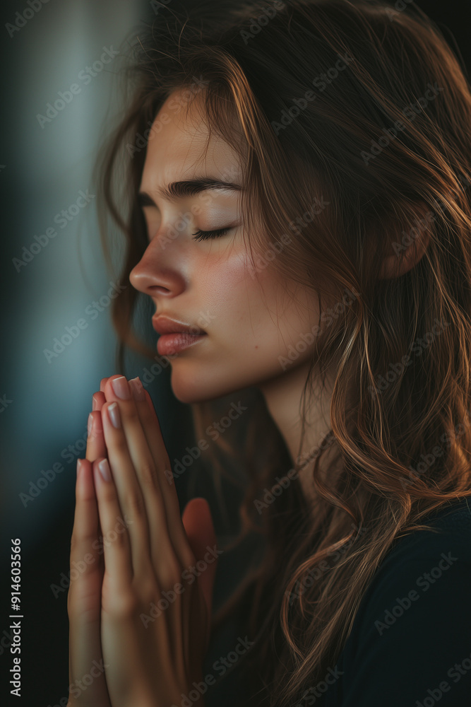 woman, with eyes closed and a sad expression, praying from the side, with her palms together, woman, with eyes closed and a sad expression, praying from the side, with her palms together,