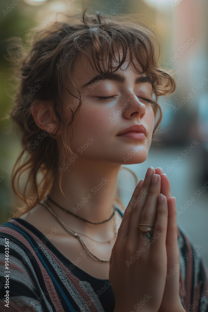 woman, with eyes closed and a sad expression, praying from the side, with her palms together, woman, with eyes closed and a sad expression, praying from the side, with her palms together,