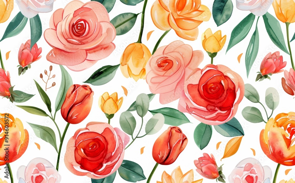 Watercolor pattern with roses, peonies, leaves, branches. Botanical tile, background. Watercolor pattern with roses, peonies, leaves, branches. Botanical tile, background.