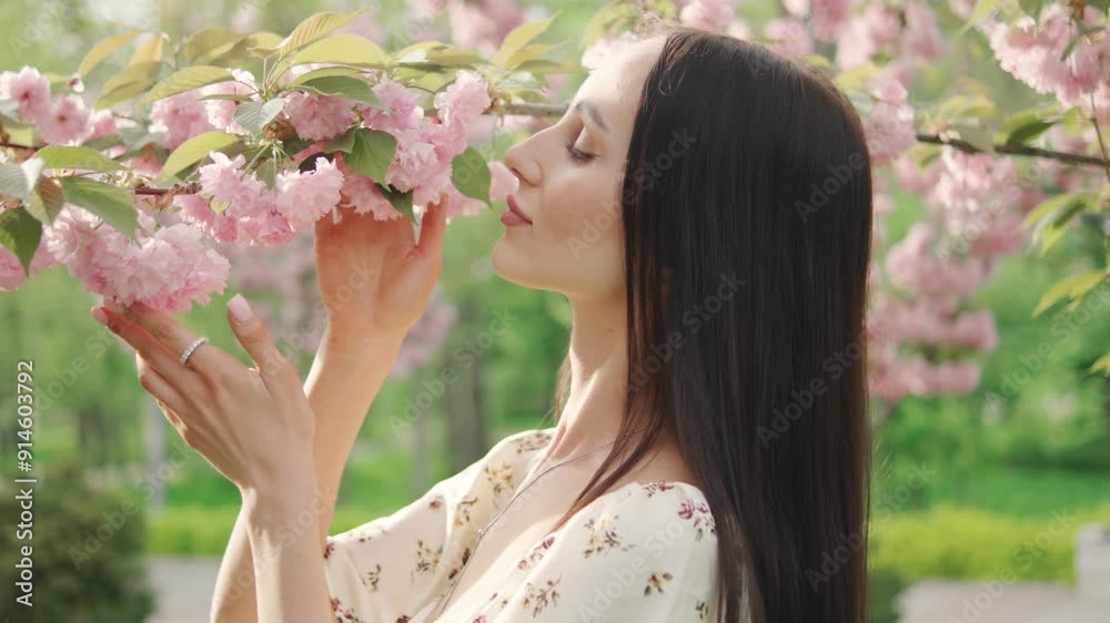 Close-up of happy gorgeous woman enjoying fragrance of pink sakura flowers on tree, smelling petals Close-up of happy gorgeous woman enjoying fragrance of pink sakura flowers on tree, smelling petals
