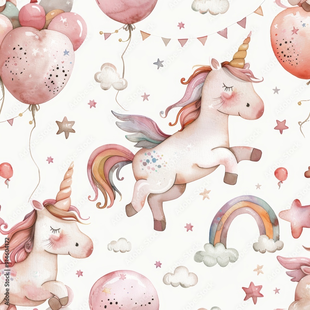 Obraz premium This is a kids pattern with white horses, rainbows, garland, stars, and balloons