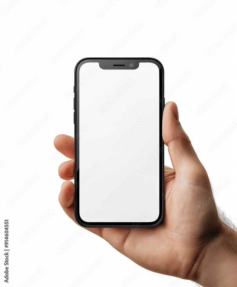 Hand holding a smartphone with blank screen for mockup and design presentation