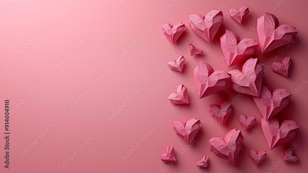 Origami hearts on a pink background - generative ai Origami hearts on a pink background - generative ai