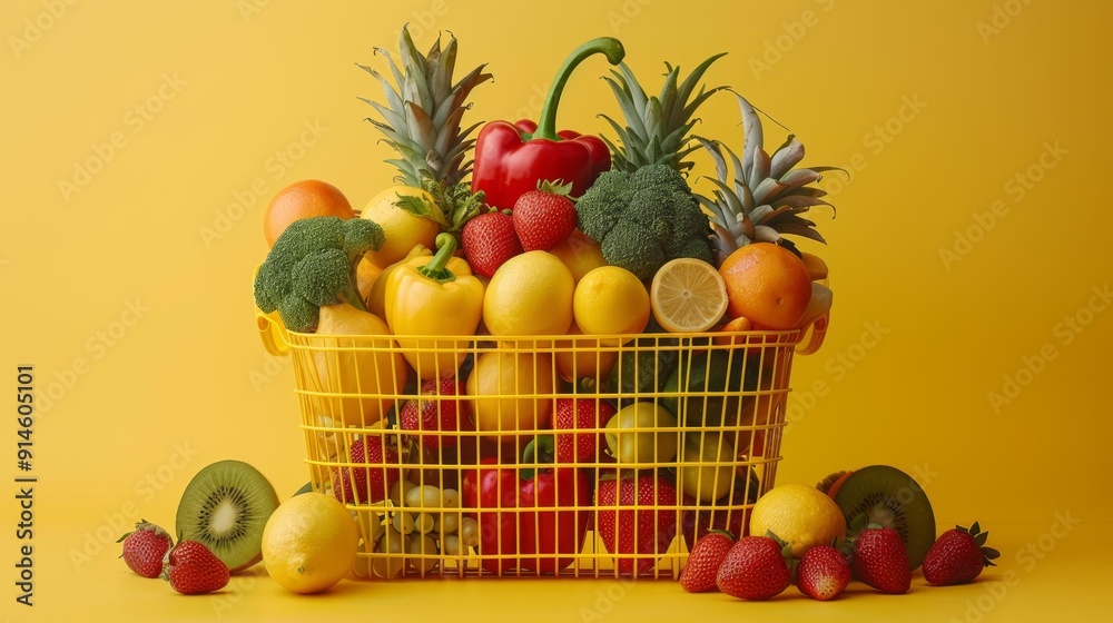 Vibrant basket of fresh fruits and vegetables - generative ai Vibrant basket of fresh fruits and vegetables - generative ai