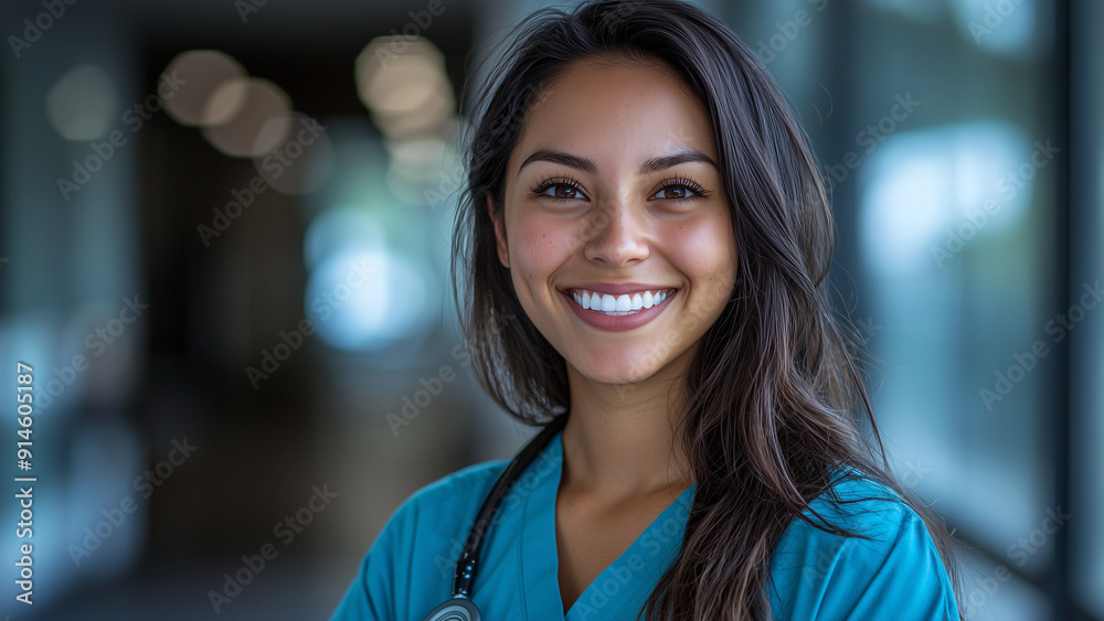 Fototapeta premium Latino Hispanic Woman Nurse - nurse, woman, healthcare, medical professional, smiling, corridor, scrubs, doctor, hospital, health worker, confident, friendly, healthcare worker