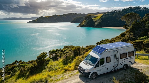 A campervan parked in a picturesque location with a solar panel array installed on its rooftop providing sustainable electricity