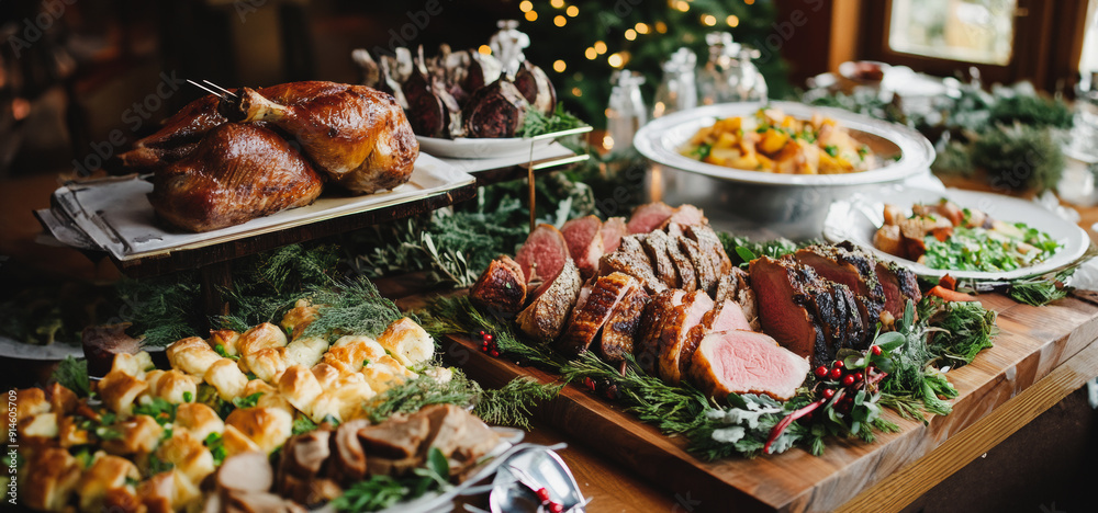 Festive Holiday Feast Featuring Roast Meats and Seasonal Sides Decorated With Fresh Greenery Festive Holiday Feast Featuring Roast Meats and Seasonal Sides Decorated With Fresh Greenery