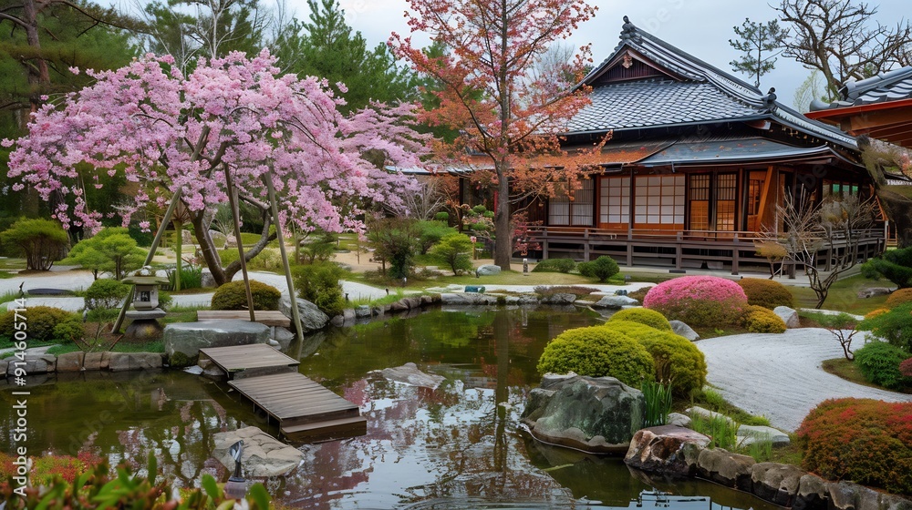 Obraz premium A peaceful Japanese garden in spring, featuring cherry blossoms and a traditional wooden house.