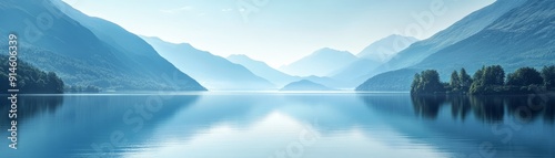 Majestic Mountain Lake Landscape with Clear Sky - Serene Empty Space for Text Design