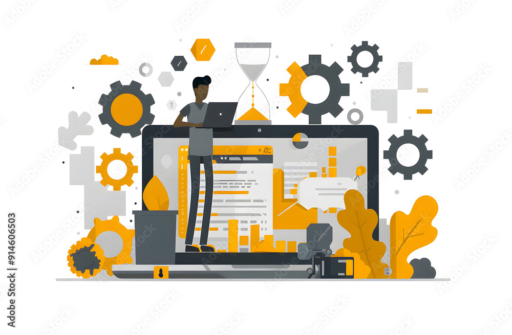 IT administrator with software upgrade process on a laptop. Digital system device administration, network upkeeping, computer systems configuration concept design