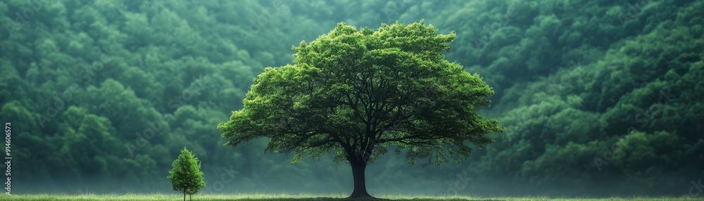 Obraz premium Contrast of Growth: Majestic Tree Near Small Sapling in Tranquil Forest Setting