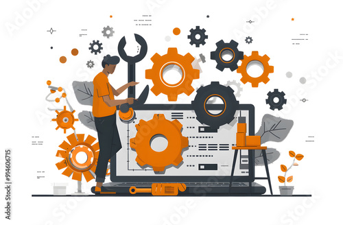 IT administrator with software upgrade process on a laptop. Digital system device administration, network upkeeping, computer systems configuration concept design