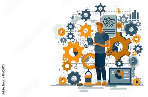 IT administrator with software upgrade process on a laptop. Digital system device administration, network upkeeping, computer systems configuration concept design