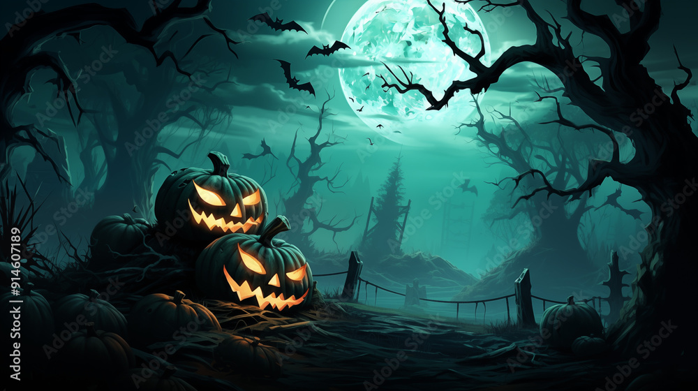 Dark Forest Scene with Eerie Jack-O'-Lanterns and Full Moon Bats in a Creepy Halloween Atmosphere Dark Forest Scene with Eerie Jack-O'-Lanterns and Full Moon Bats in a Creepy Halloween Atmosphere