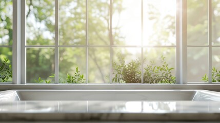 Blurry bathroom window background with clear tabletop for product presentation