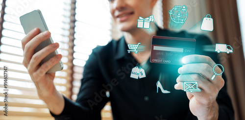 Elegant customer wear black shirt holding credit card choosing online platform. Smart consumer control device while open e-commerce application using cashless technology shopping inventory. Cybercash. photo
