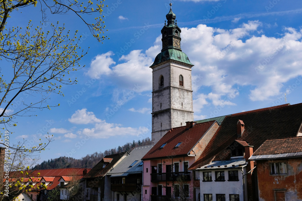 Fototapeta premium Skofja Loka is a beautiful medieval town in Slovenia it preserves a picturesque old town with colorful houses, wall paintings and forged signs