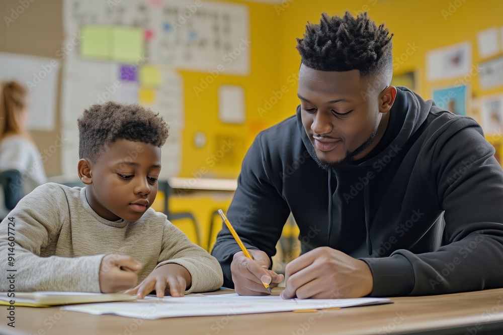 Naklejka premium Engaging Student and Mentor Collaborate on Homework Assignment in Classroom Setting