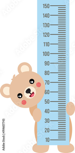 Cute teddy bear holding a ruler for baby