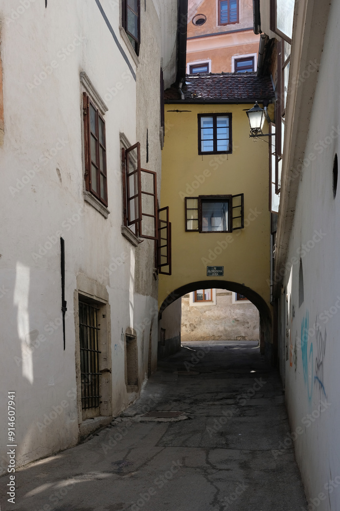 Fototapeta premium Skofja Loka is a beautiful medieval town in Slovenia it preserves a picturesque old town with colorful houses, wall paintings and forged signs