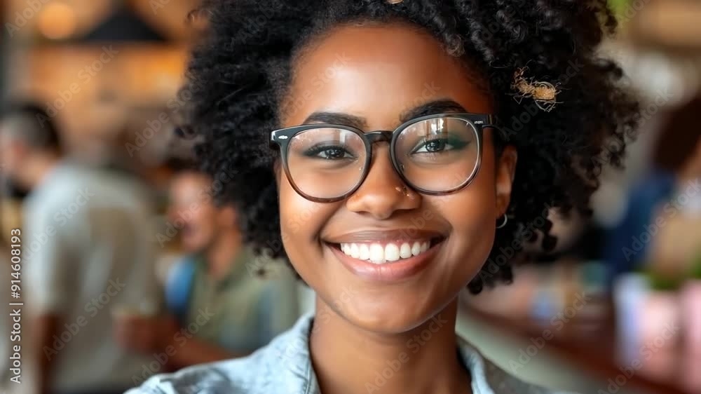 A vibrant cafe atmosphere buzzes with conversation as a young woman beams with joy, exuding confidence and warmth A vibrant cafe atmosphere buzzes with conversation as a young woman beams with joy, exuding confidence and warmth