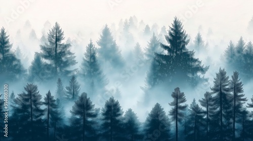 dark foggy pine forest with tree trunks.