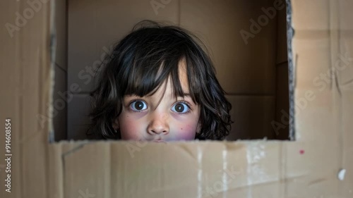 A young child with big, expressive eyes playfully peeks through a cutout in a cardboard box, exuding curiosity and wonder in their cozy space photo