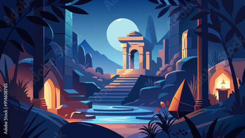  Illustration a darkish night scene with hidden, ancient secrets 