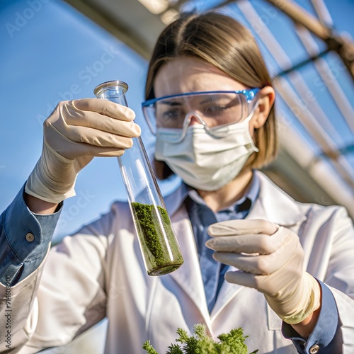 scientist with a test tube working on a new green project photo