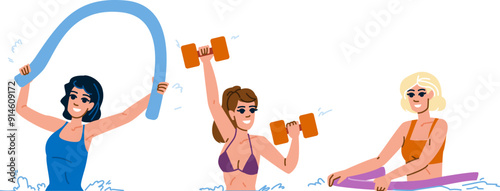 pool water aerobics vector. exercise swim, class senior, old gym pool water aerobics character. people flat cartoon illustration