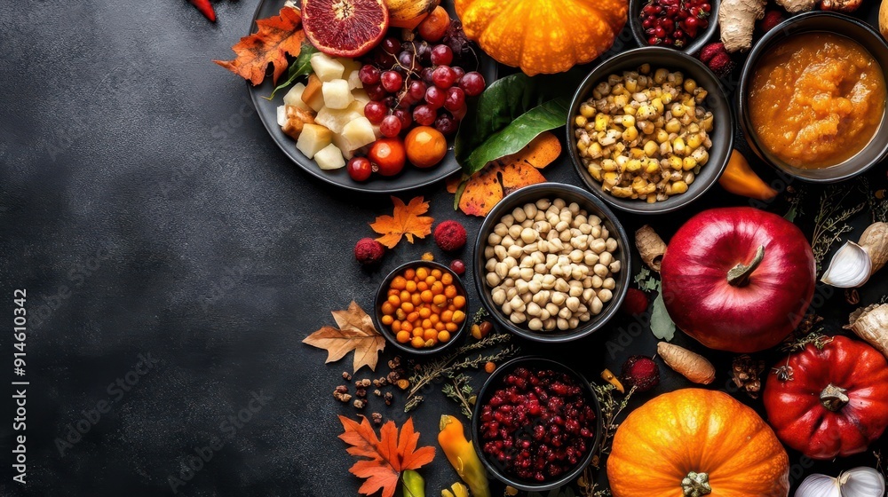 Fototapeta premium Seasonal fall flavors, vibrant colors, delicious dishes, close-up, inviting