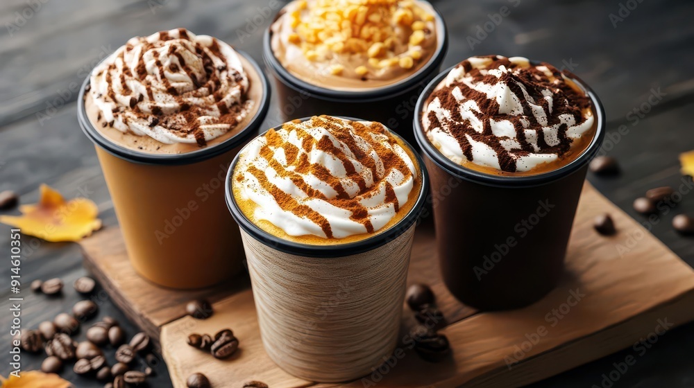 Seasonal coffee drinks, vibrant colors, delicious beverages, close-up, inviting Seasonal coffee drinks, vibrant colors, delicious beverages, close-up, inviting