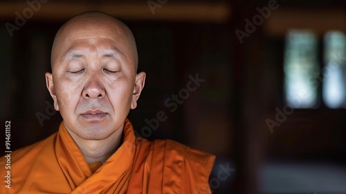 Buddhist monk, chanting mantras, close up, inner peace, realistic, overlay, meditation hall