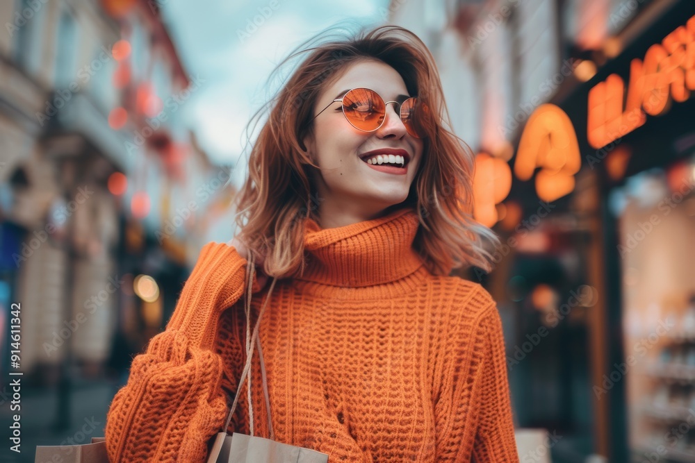 Happy woman with shopping bags in city street, urban lifestyle enjoyment Happy woman with shopping bags in city street, urban lifestyle enjoyment