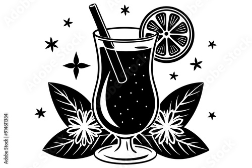 Mocktail silhouette linocut vector art illustration photo