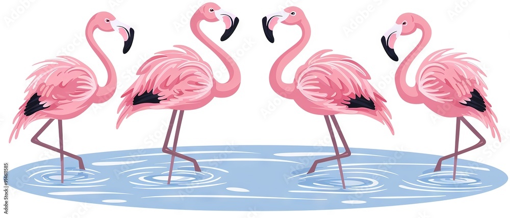 Obraz premium Three pink flamingos standing in the water with legs extended, and one pink flamingo standing in the water with its legs raised high