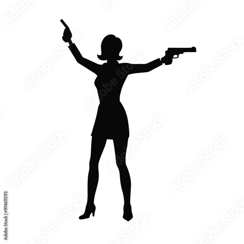 a woman standing with a gun, vector art illustration