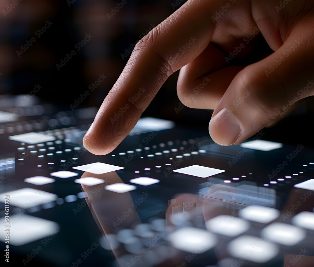 Close-up of a hand touching a digital touch screen with an abstract background, focusing on a finger pushing a button and white squares in motion, conveying a technology concept. Close-up of a hand touching a digital touch screen with an abstract background, focusing on a finger pushing a button and white squares in motion, conveying a technology concept.