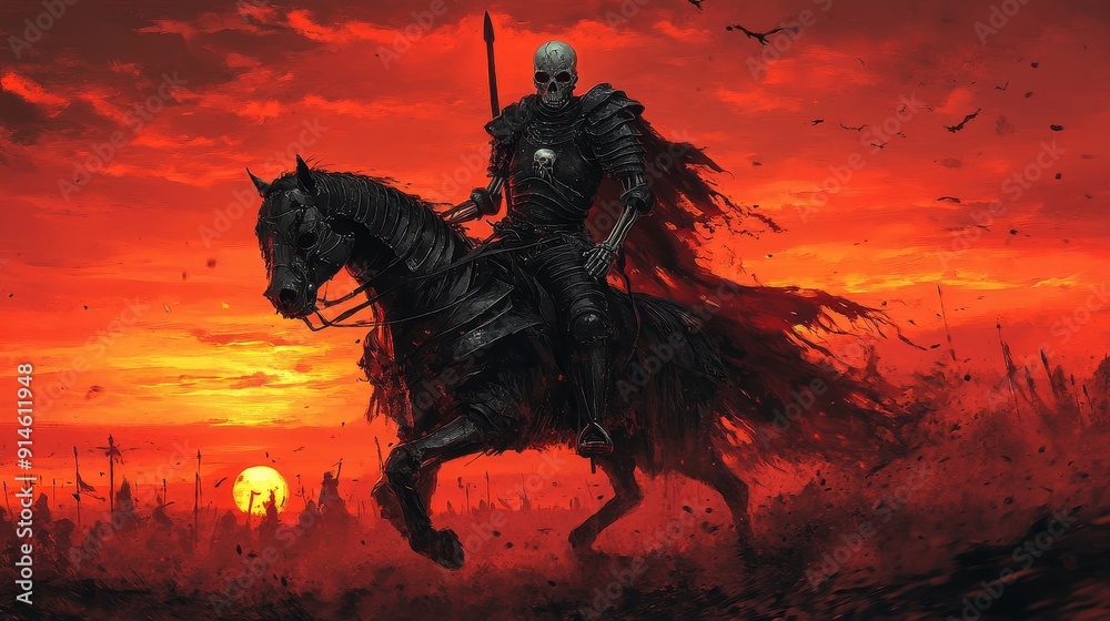 3d animation of a skeleton knight on a black horse with a sword against the backdrop of a fiery sunset 3d animation of a skeleton knight on a black horse with a sword against the backdrop of a fiery sunset